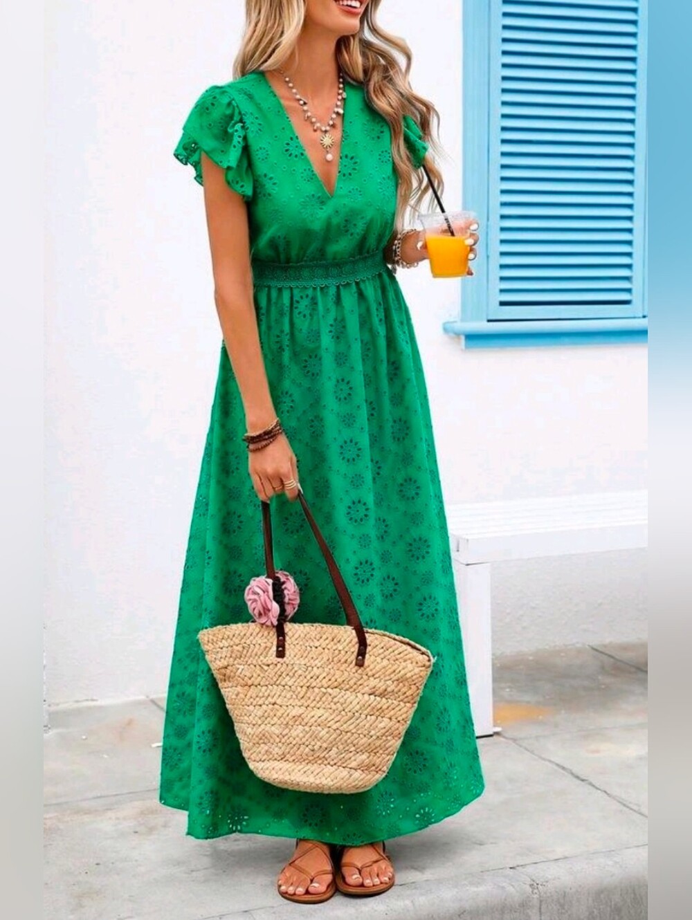 New Embroidered Eyelet Lace Ruffle Sleeve Tie Back Maxi Dress Green - Picture 5 of 10